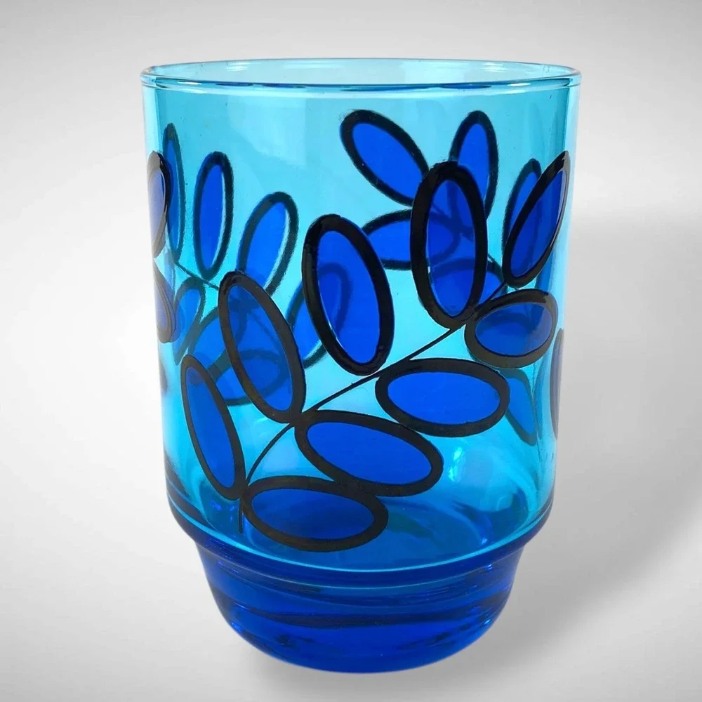 Set of 6 Electric Blue Glass Tumblers Abstract Leaf‎ Design Vintage Barware